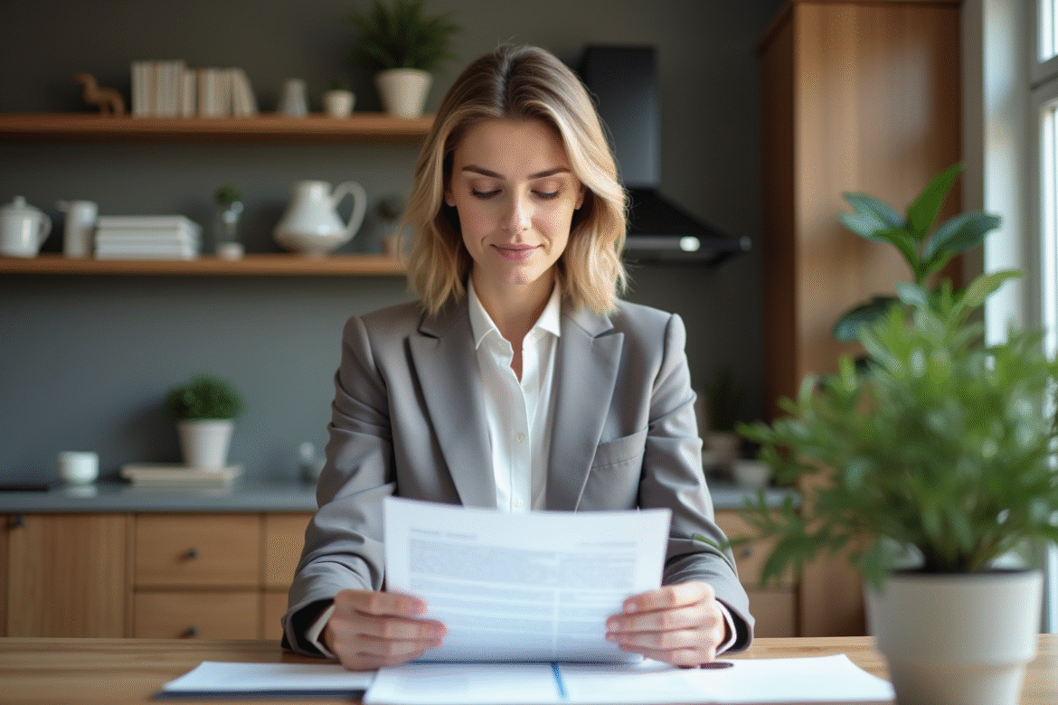 Femme en tenue professionnelle examine des documents de prêt immobilier