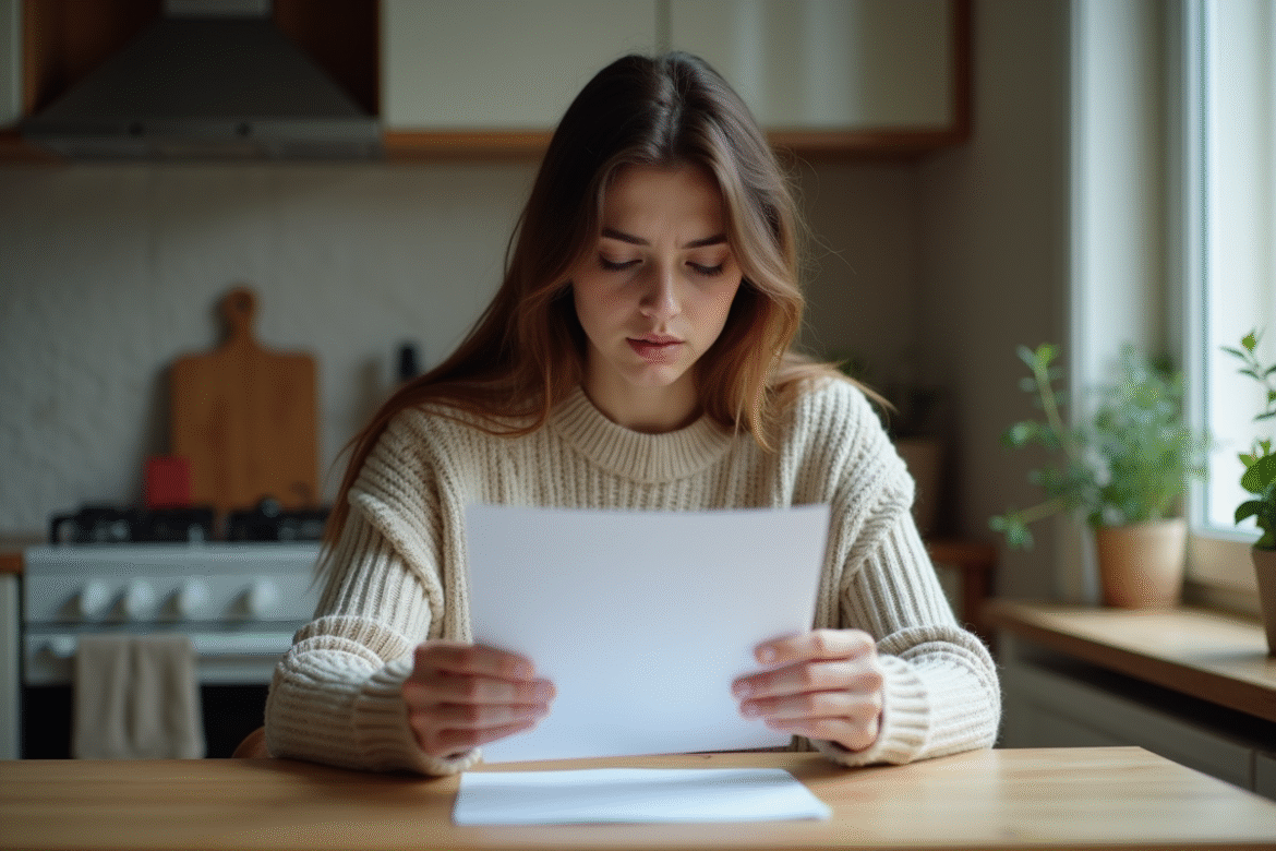 Jeune femme lisant une lettre dans sa cuisine chaleureuse