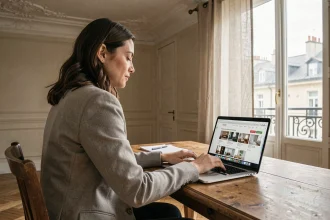 Femme consultant les annonces de location sur LOC'annonces Paris depuis son appartement haussmannien