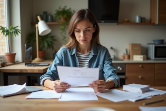 Femme en jeans et top rayé examinant des documents dans un appartement