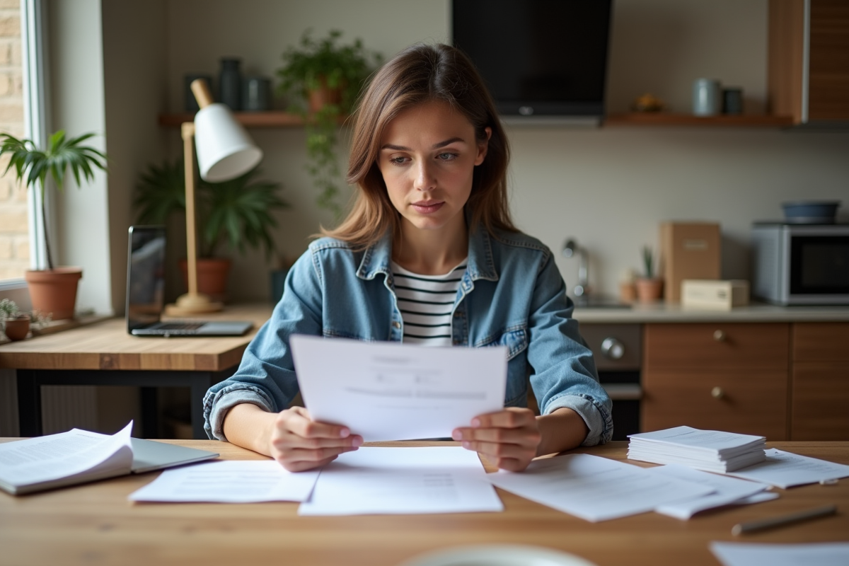 Femme en jeans et top rayé examinant des documents dans un appartement