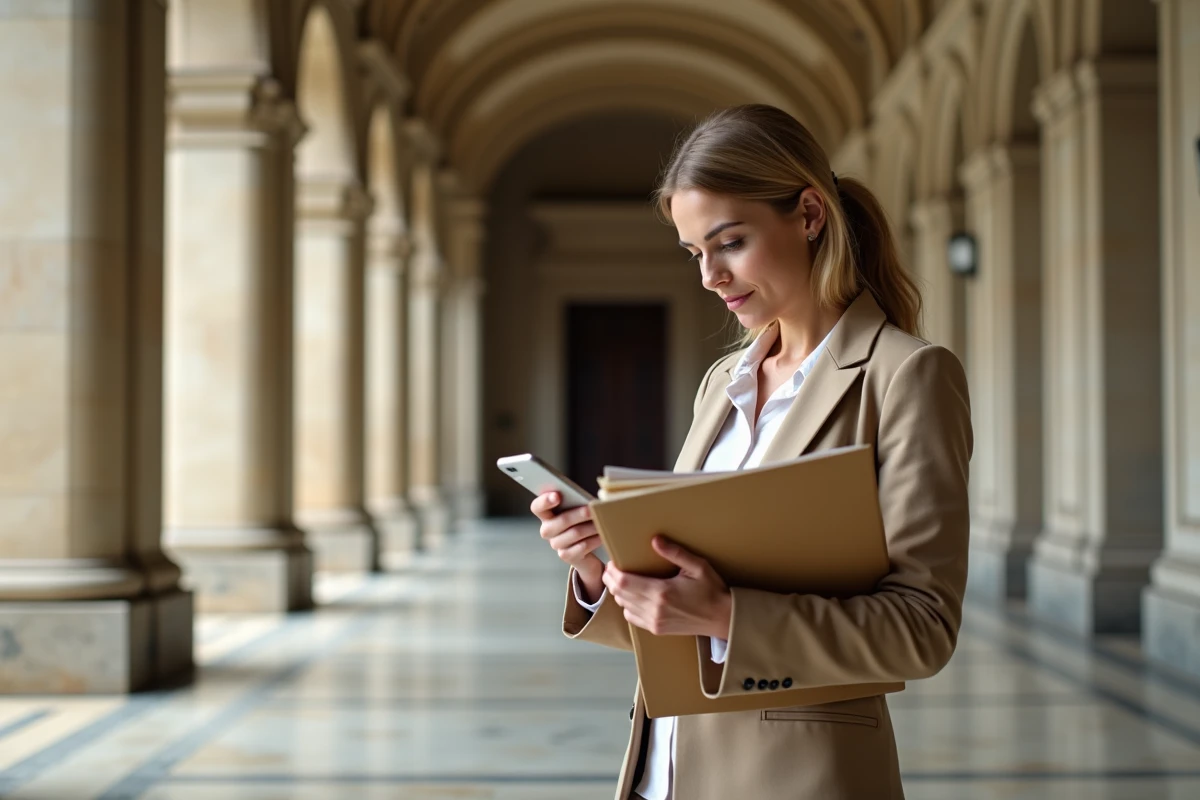 Femme consultant des documents juridiques dans le couloir d'un palais de justice lors d'une procédure d'adjudication