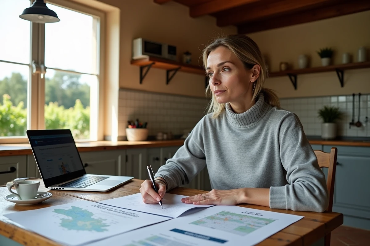 Une femme planifiant le financement d'un vignoble bordelais avec des documents de simulation de prêt immobilier