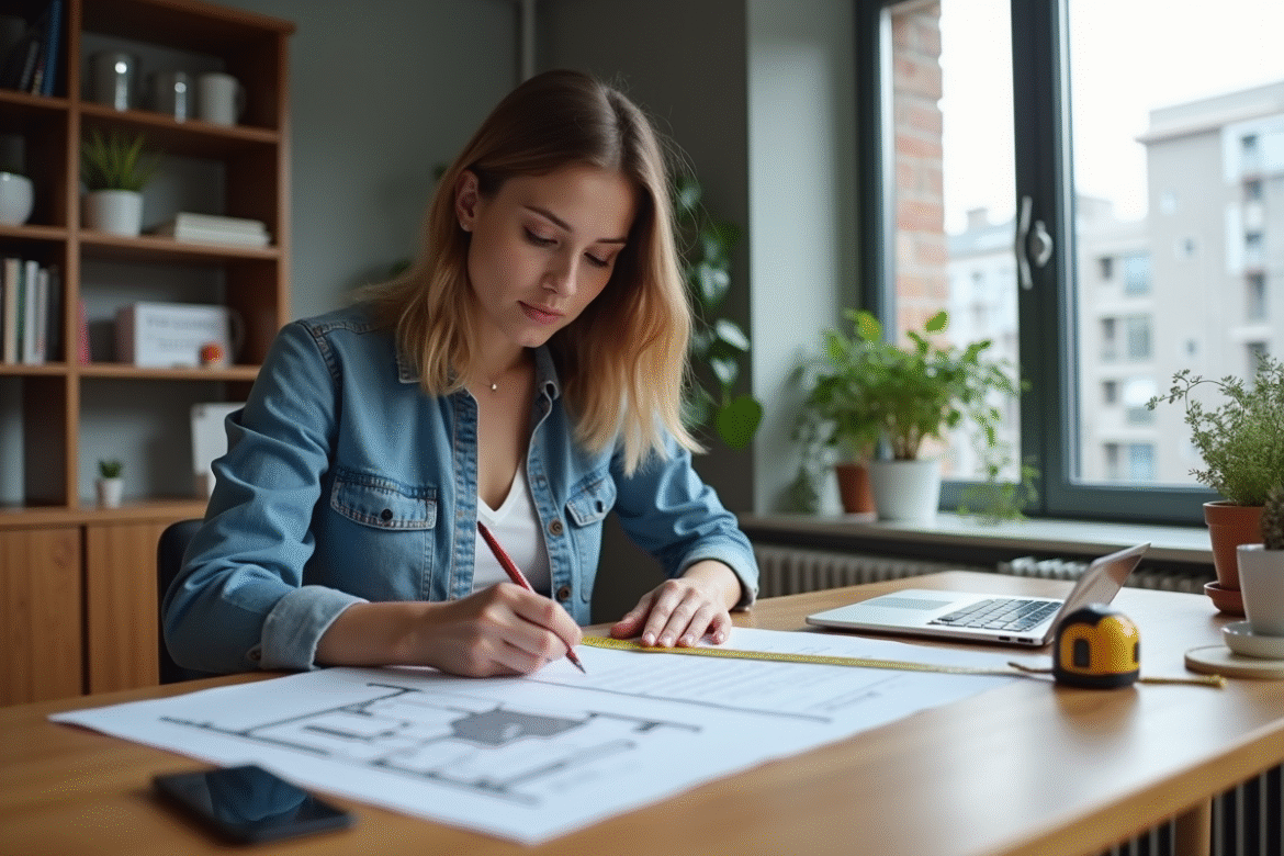 Femme en blouse et jeans préparant ses impots à son bureau
