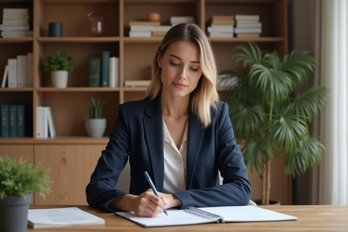 Femme professionnelle en costume bleu dans un bureau moderne