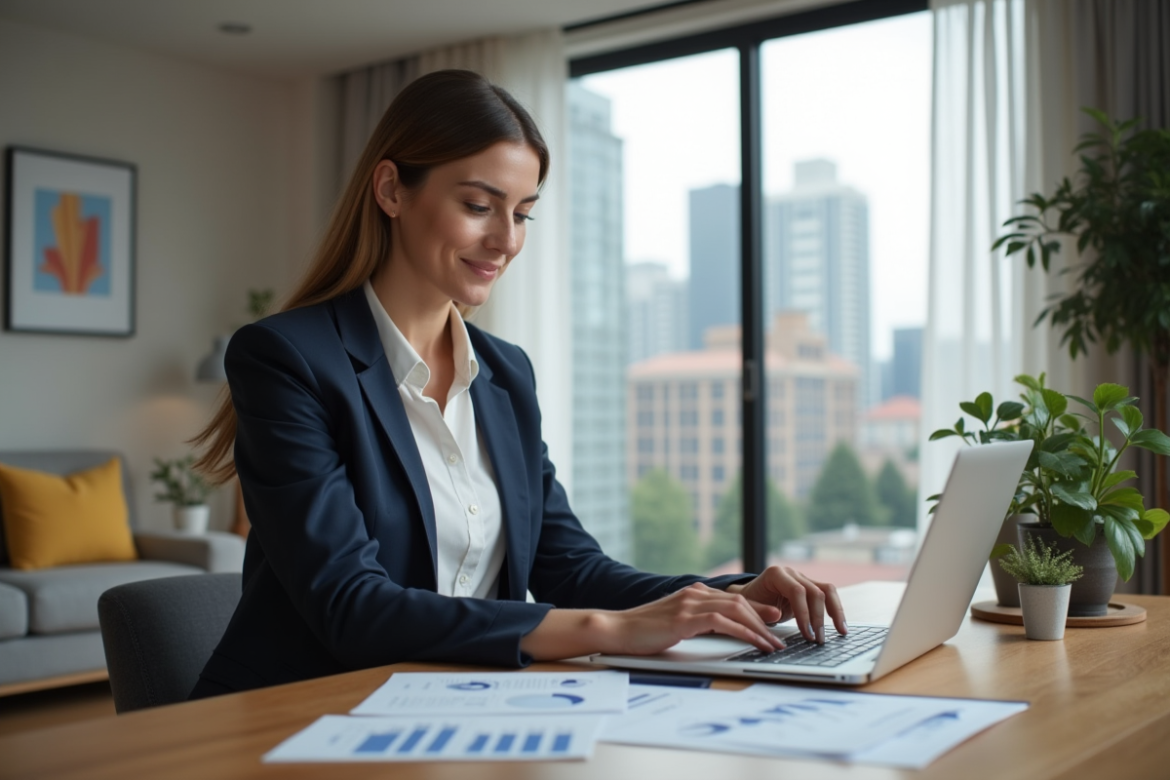 Femme professionnelle examine des revenus locatifs dans un intérieur moderne