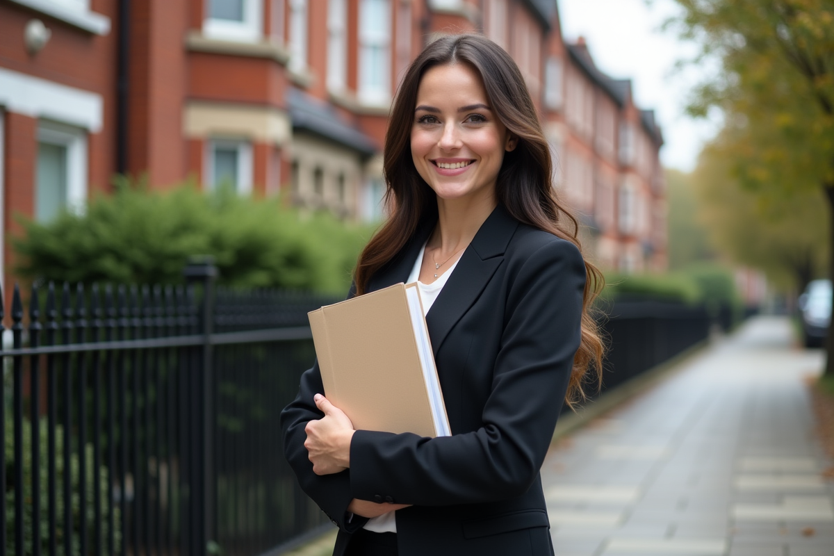 Jeune femme professionnelle devant maisons en ville