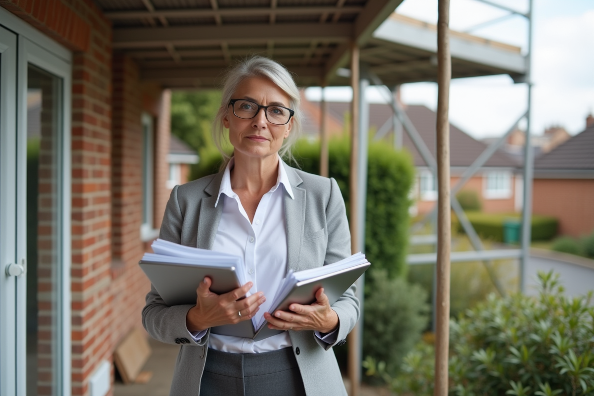 Femme en extérieur avec catalogues de rénovation et tablette