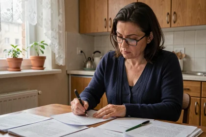 Femme rédigeant une lettre de motivation pour un logement social à la table de sa cuisine