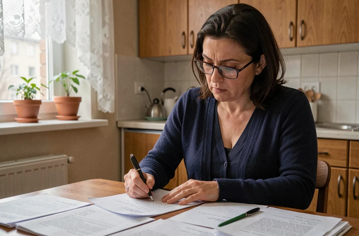 Femme rédigeant une lettre de motivation pour un logement social à la table de sa cuisine