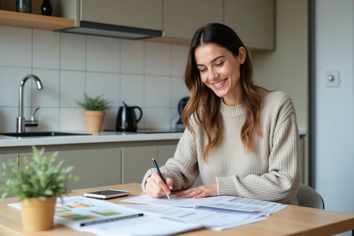 Femme souriante remplissant un formulaire de location dans une cuisine lumineuse
