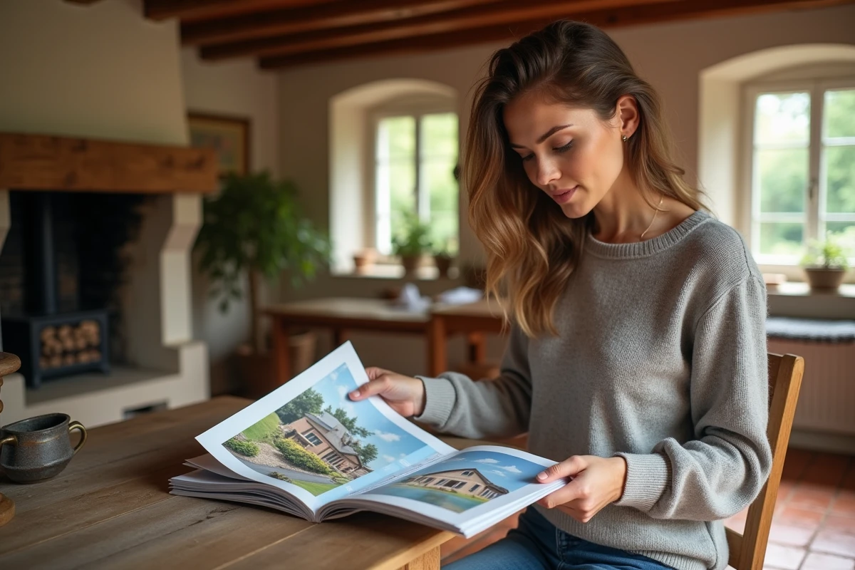Jeune femme étudiant des brochures dans une cuisine rustique