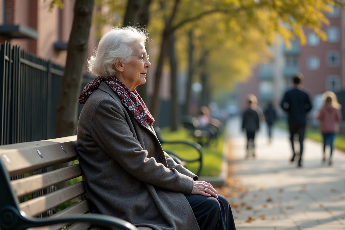 Femme âgée assise sur un banc dans un parc urbain