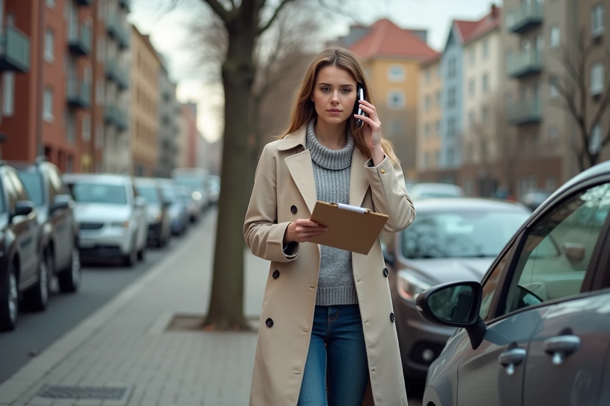 Jeune femme parlant au téléphone près de sa voiture en ville