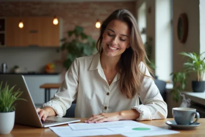 Femme souriante travaillant sur documents et ordinateur dans une cuisine moderne