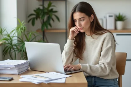 Femme au bureau compare annonces de location appartement