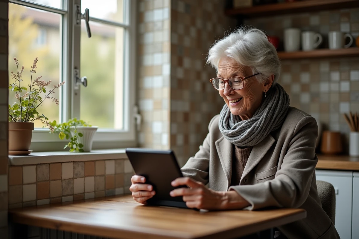 Femme âgée regardant des annonces immobilières dans sa cuisine chaleureuse