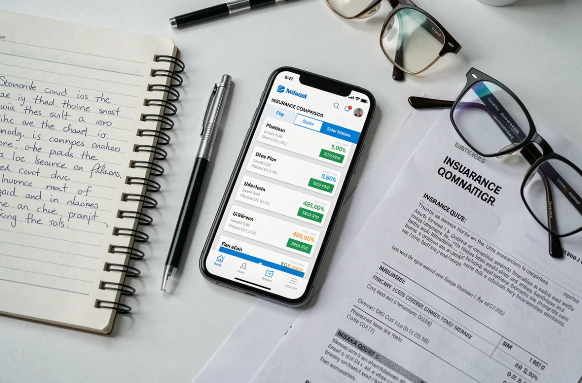 Vue de dessus d'un smartphone affichant un comparateur d'assurance habitation entouré de documents et notes manuscrites