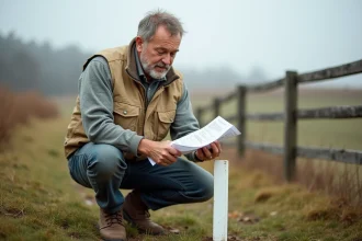 Géomètre expert posant une borne de bornage terrain avec un devis de bornage à la main dans un pré