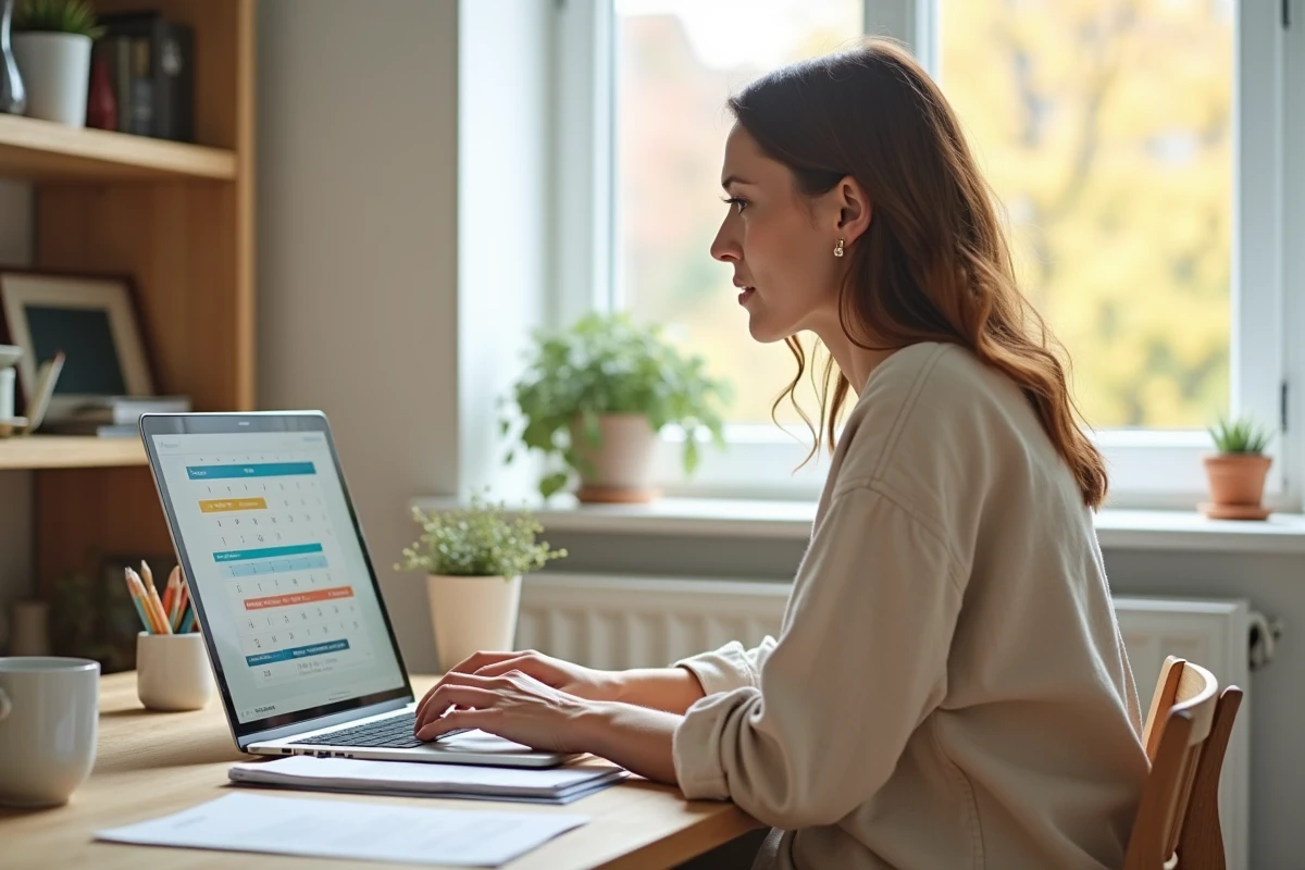 Femme gérant un planning saisonnier sur ordinateur portable dans un bureau à domicile moderne