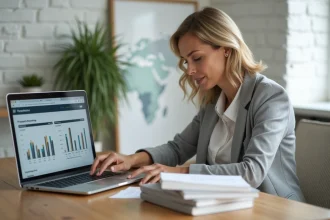 Femme professionnelle gérant les tarifs et disponibilités d'une propriété sur un logiciel de gestion immobilière