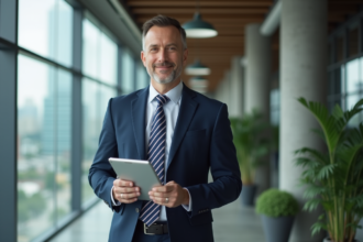Manager immobilier en costume dans un bureau moderne