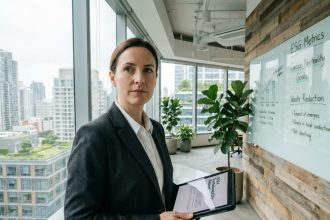 Gestionnaire immobilière analysant un rapport ESG sur tablette dans un bureau moderne aux matériaux durables avec vue sur toits végétalisés