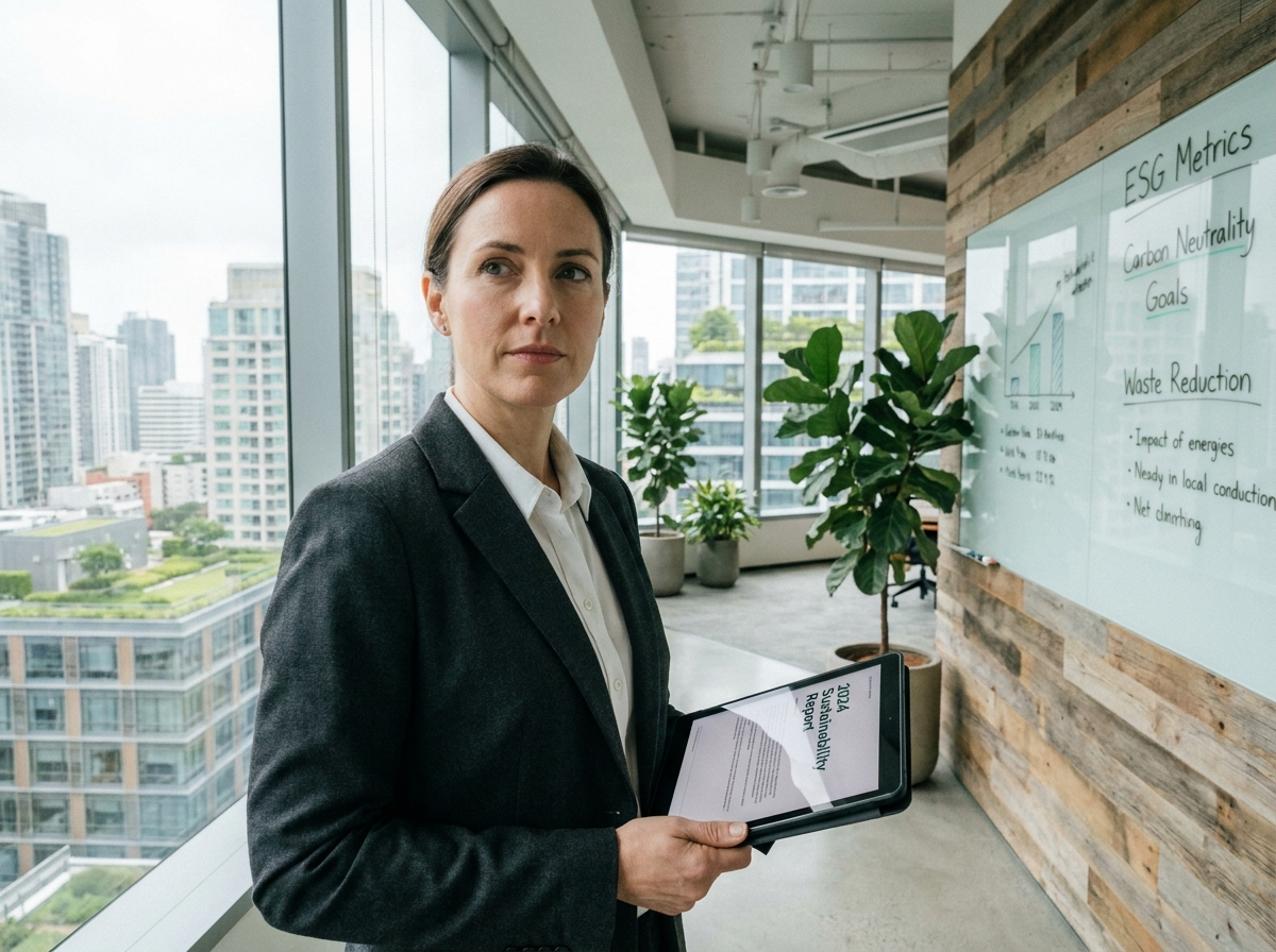 Gestionnaire immobilière analysant un rapport ESG sur tablette dans un bureau moderne aux matériaux durables avec vue sur toits végétalisés