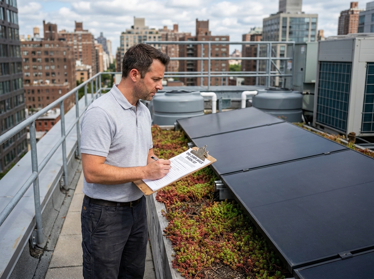 Gestionnaire immobilier inspectant les équipements durables d'un toit-terrasse commercial avec panneaux solaires et toiture végétalisée dans le cadre d'un audit ESG