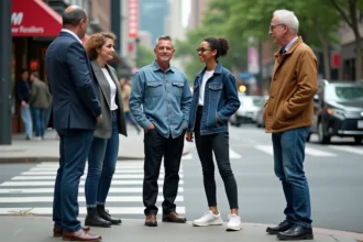 Cinq personnes dans une rue animée de la ville