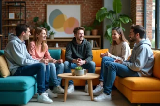 Groupe d'étudiants en lounge universitaire convivial
