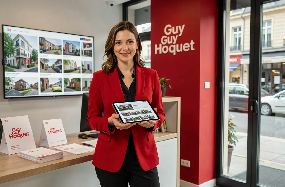 Agente Guy Hoquet Besançon en blazer rouge tenant une tablette avec des annonces immobilières dans l'agence