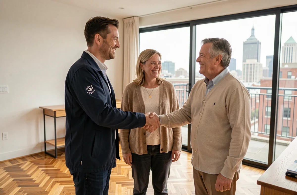 Agent Guy Hoquet Nancy serrant la main à des acheteurs dans un appartement avec vue sur la ville