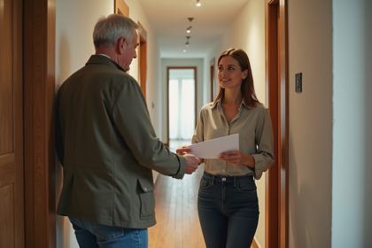 Femme remettant un courrier au propriétaire dans un couloir