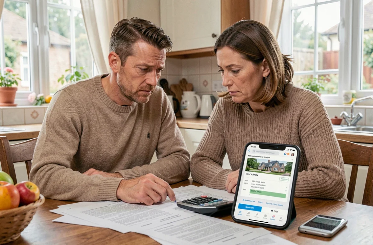 Deux héritiers consultant un logiciel de succession immobilière ensemble autour d'une table familiale