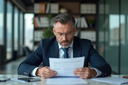 Homme d'affaires inquiet examinant des documents dans un bureau