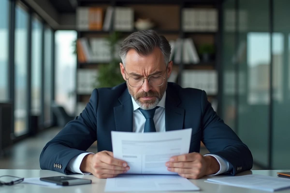 Homme d'affaires inquiet examinant des documents dans un bureau