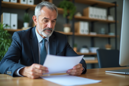 Homme d'affaires lisant un formulaire PTZ dans un bureau lumineux