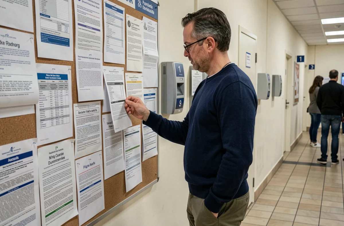 Homme lisant des annonces de location affichées dans une mairie parisienne pour comprendre LOC'annonces