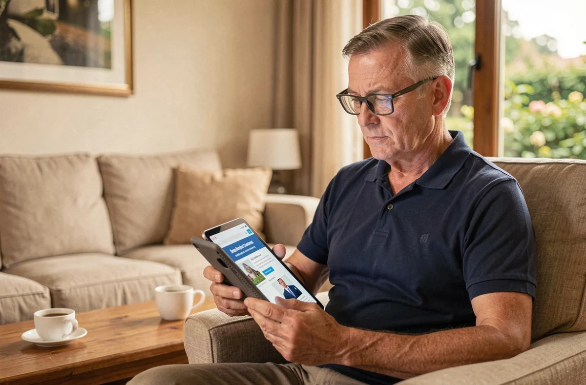 Homme d'âge mûr consultant l'assurance habitation Suravenir sur une tablette dans son salon