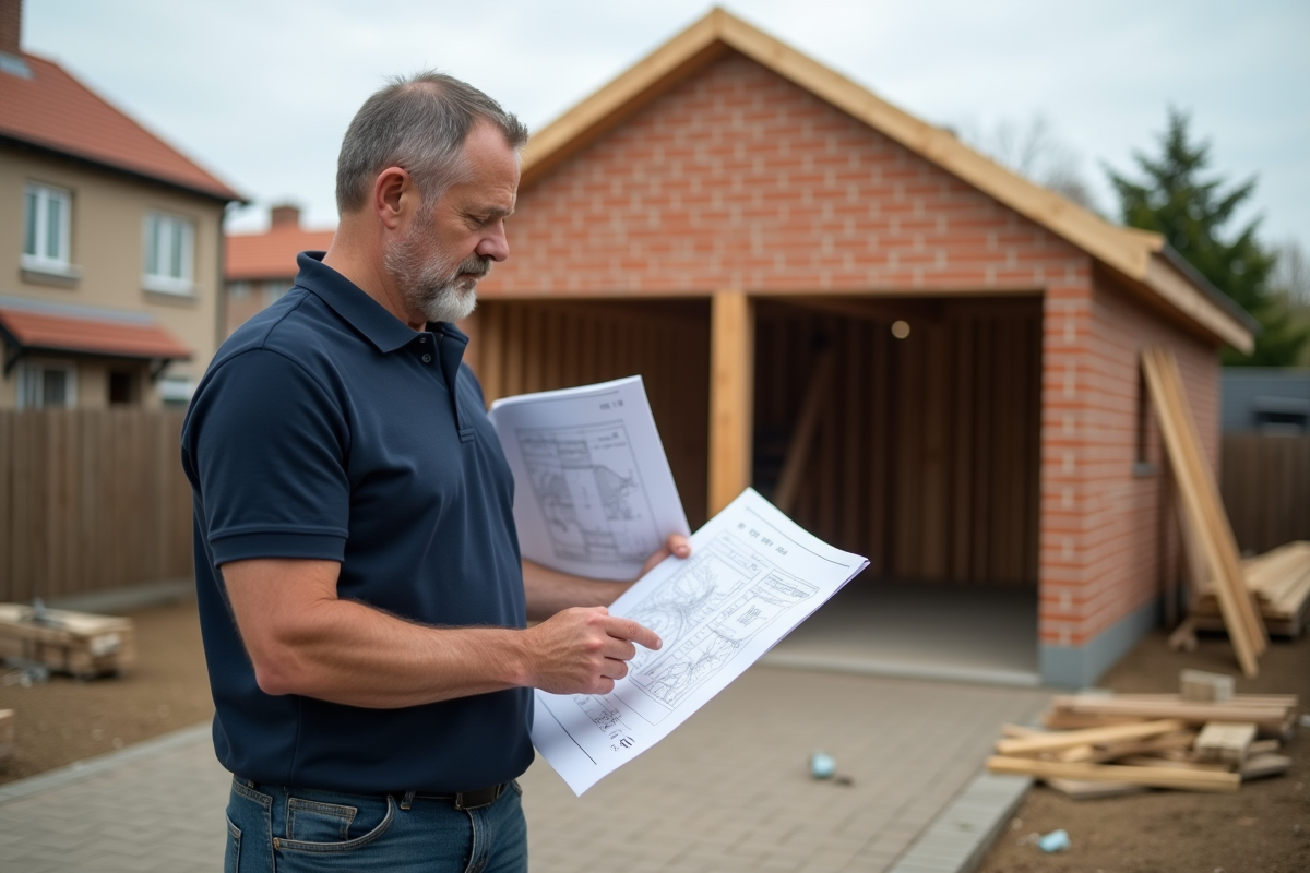 Homme en jeans et polo bleu regardant les plans du garage