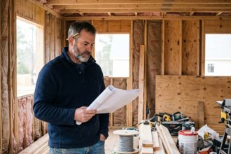 Homme d'âge moyen dans un chantier en train d'étudier des plans