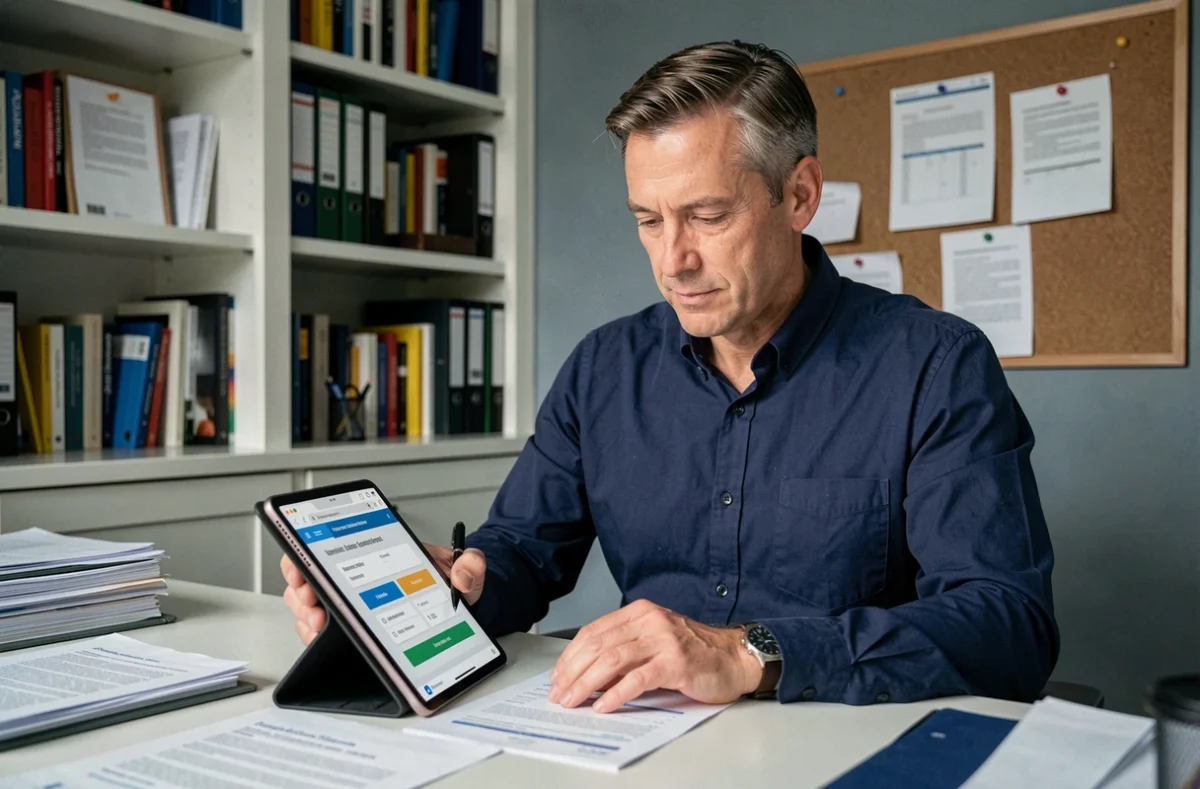 Homme consultant un comparateur d'assurance habitation sur tablette dans un bureau à domicile
