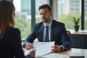 Homme en costume bleu dans une banque en train de revoir des documents