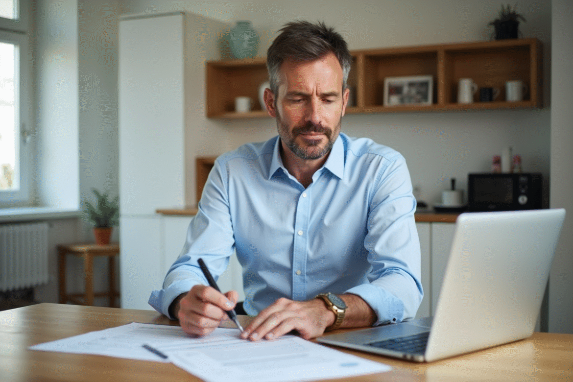 Homme d'âge moyen examinant un contrat de location dans un appartement parisien