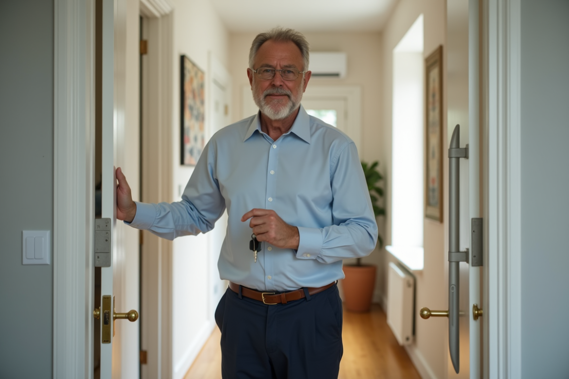Homme d'âge moyen déverrouillant une porte d'appartement moderne