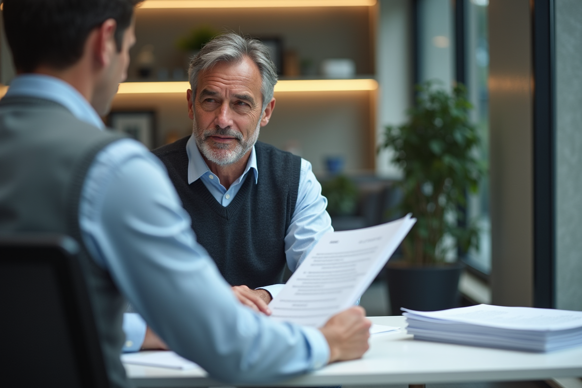 Homme d age discutant avec un agent immobilier dans un bureau moderne