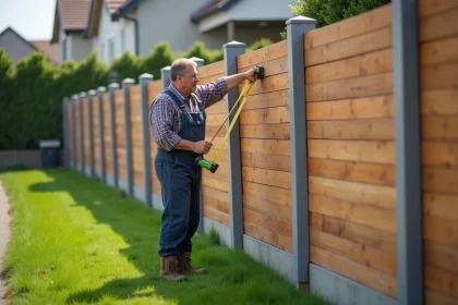 Homme en overalls vérifiant une clôture en bois moderne