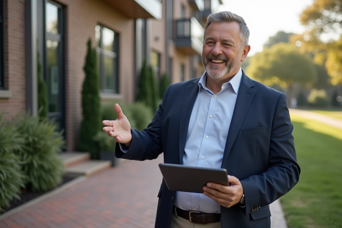 Homme en blazer bleu montrant un appartement en extérieur