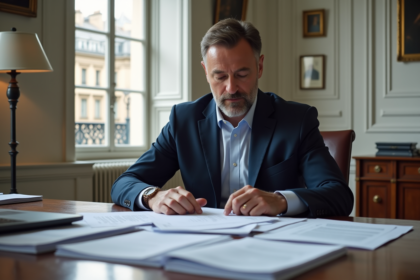 Homme d age en costume navy dans un bureau parisien